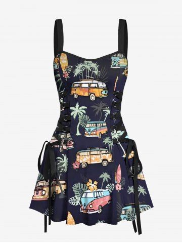 Coconut Tree Tropical Leaf Floral Bus Print Hawaii Lace Up A Line Tank Dress - BLACK - XS