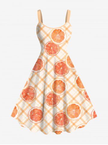 Plus Size Grapefruit Geometric Plaid Print Hawaii A Line Tank Dress - ORANGE - 5X