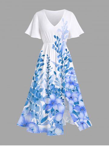 Plus Size Flowers Leaf Print Split Hawaii Midi Dress - SKY BLUE - S