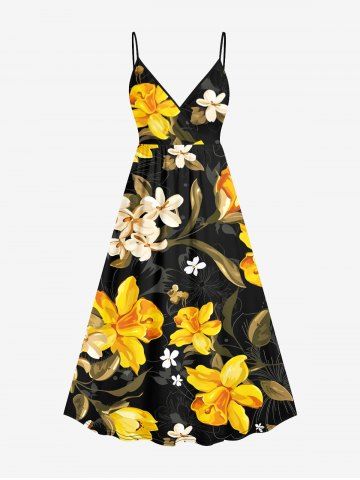 Plus Size Flowers Leaf Print Surplice Hawaii Cami Dress - BLACK - 1X