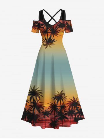Plus Size Coconut Tree Ombre Print Cold Shoulder Crisscross Hawaii Maxi Dress