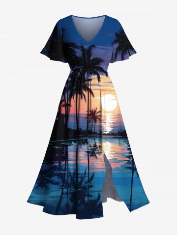 Plus Size Coconut Tree Sun Seascape Print Split Hawaii Midi Dress - BLUE - XXS