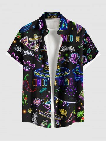 Plus Size Fish Plant Straw Hat Vegetable Floral Skull Print Buttons Pocket Hawaii Shirt For Men
