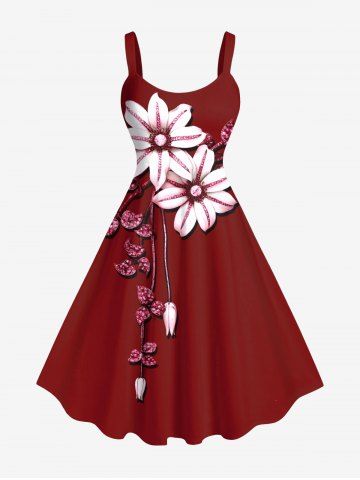 Robe Débardeur Hawaïen Ligne A Feuille Fleurie Imprimée de Grande Taille à Paillettes - RED - L