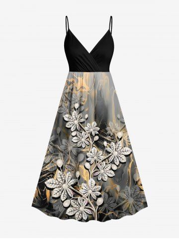 Plus Size Textured Leaf Branch Quicksand Print Hawaii Surplice A Line Cami Dress - GRAY - 6X