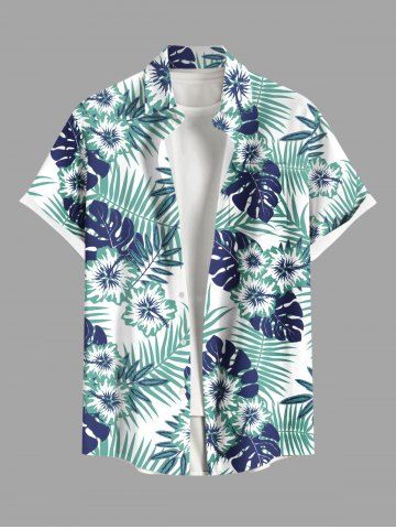 Plus Size Tropical Leaf Flower Print Buttons Pocket Hawaii Shirt For Men