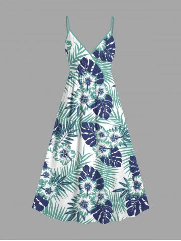Plus Size Tropical Leaf Flower Print Surplice Hawaii Cami Dress - LIGHT BLUE - M