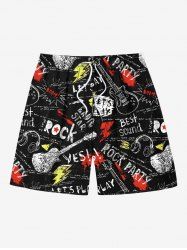 Plus Size Earphone Lightning Guitar Letters Print Hawaii Rock and Roll Drawstring Beach Shorts For Men -  