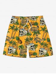 Plus Size Coconut Tree Skull Juice Pineapple Letters Print Hawaii Drawstring Beach Shorts For Men -  