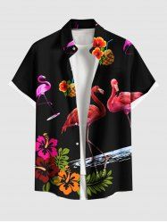 Chemise Imprimé Flamant Floral et Feuille Tropicale à Boutons Grande Taille avec Poche pour Homme - Noir 4XL