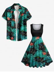 Tropical Leaf Hibiscus Flower Cats Print Plus Size Matching Hawaii Beach Outfit For Couples -  