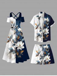 Distressed Colorblock Flowers Leaf Print Plus Size Matching Hawaii Beach Outfit For Couples -  