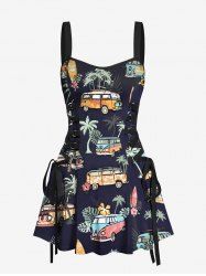 Coconut Tree Tropical Leaf Floral Bus Print Hawaii Lace Up A Line Tank Dress -  