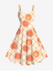 Plus Size Grapefruit Geometric Plaid Print Hawaii A Line Tank Dress -  