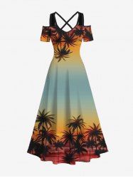 Plus Size Coconut Tree Ombre Print Cold Shoulder Crisscross Hawaii Maxi Dress -  