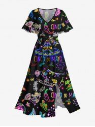 Plus Size Fish Plant Straw Hat Vegetable Floral Skull Print Split Hawaii Midi Dress -  