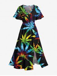 Robe Hawaïen Mi-Longue Fendue Feuille D'Erable Colorée Imprimée de Grande Taille - Noir XS