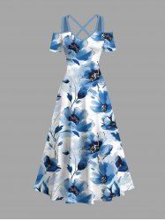 Maxi Robe Croisée Fleur Imprimée à Epaule Ouverte de Grande Taille - Bleu XS