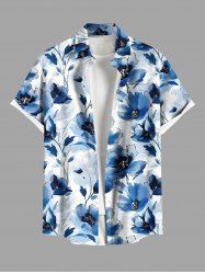 Chemise à Imprimé Fleurs à L'Aquarelle avec Boutons et Poche Grande-Taille pour Hommes - Bleu XL