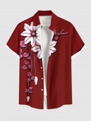 Plus Size Glitter Sequins Floral Leaf Print Hawaii Button Pocket Shirt For Men -  