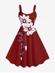 Plus Size Glitter Sequins Floral Leaf Print Hawaii A Line Tank Dress -  