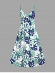 Plus Size Tropical Leaf Flower Print Surplice Hawaii Cami Dress -  