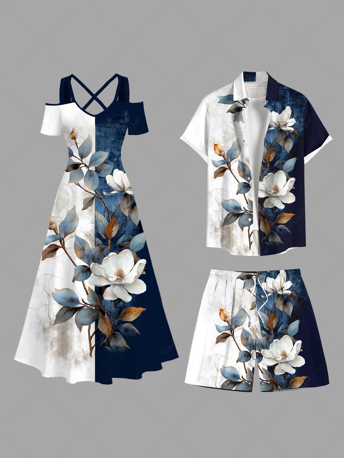 Affordable Distressed Colorblock Flowers Leaf Print Plus Size Matching Hawaii Beach Outfit For Couples  