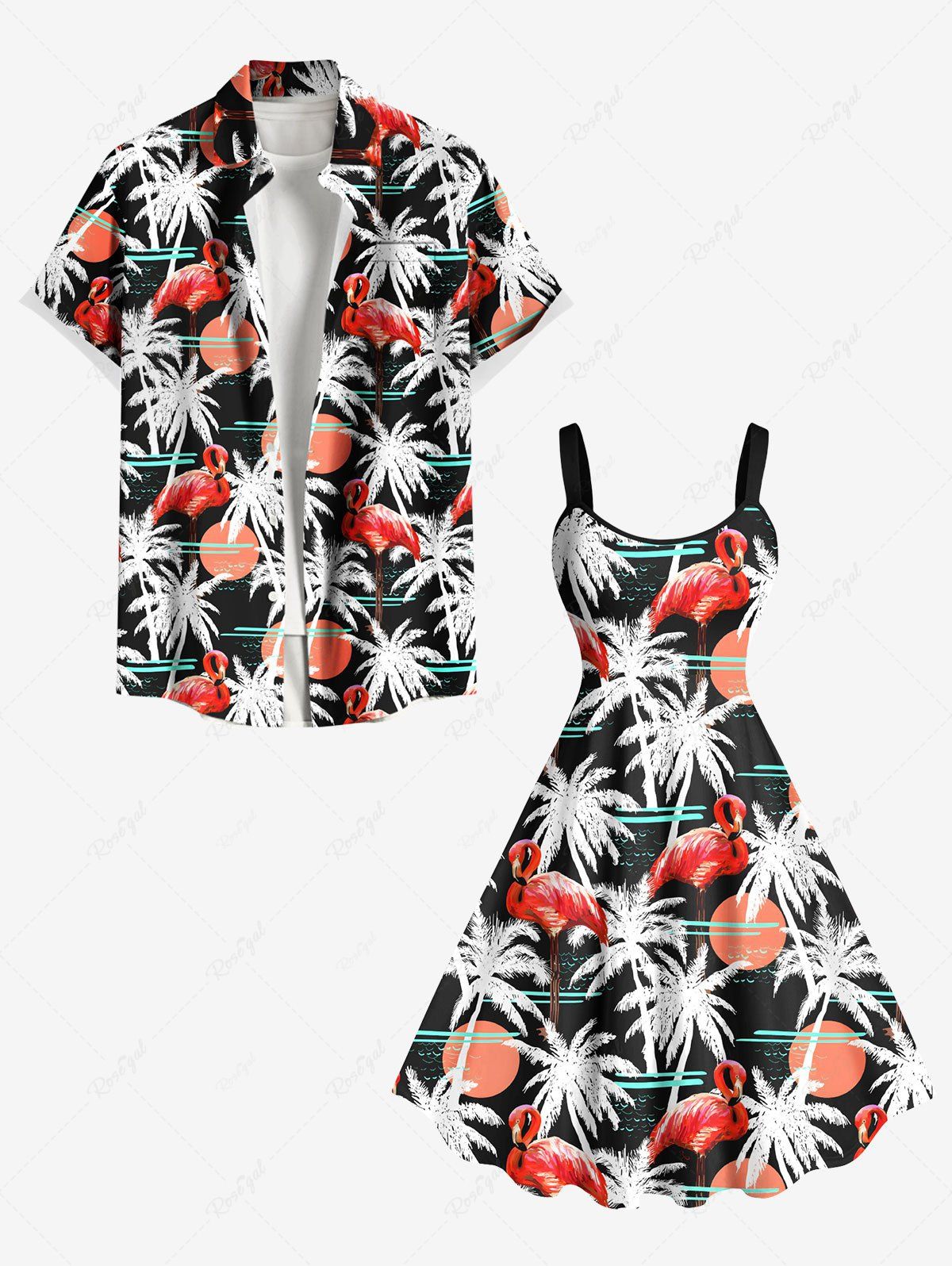 Costume de Plage Flamant Arbre Noix de Coco Grande Taille Assortis pour Couple Noir 