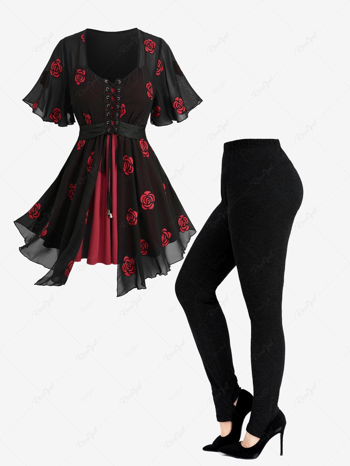 Fancy Rose Flower Embroidery Mesh Lace Up Grommets Asymmetrical 2 In 1 Top and Ribbed Solid Stirrup Leggings Plus Size Outfit  
