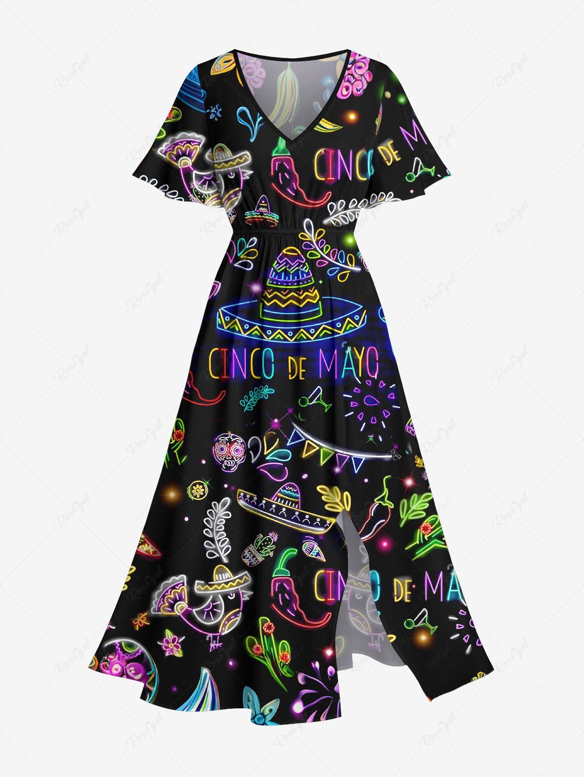 Chic Plus Size Fish Plant Straw Hat Vegetable Floral Skull Print Split Hawaii Midi Dress  