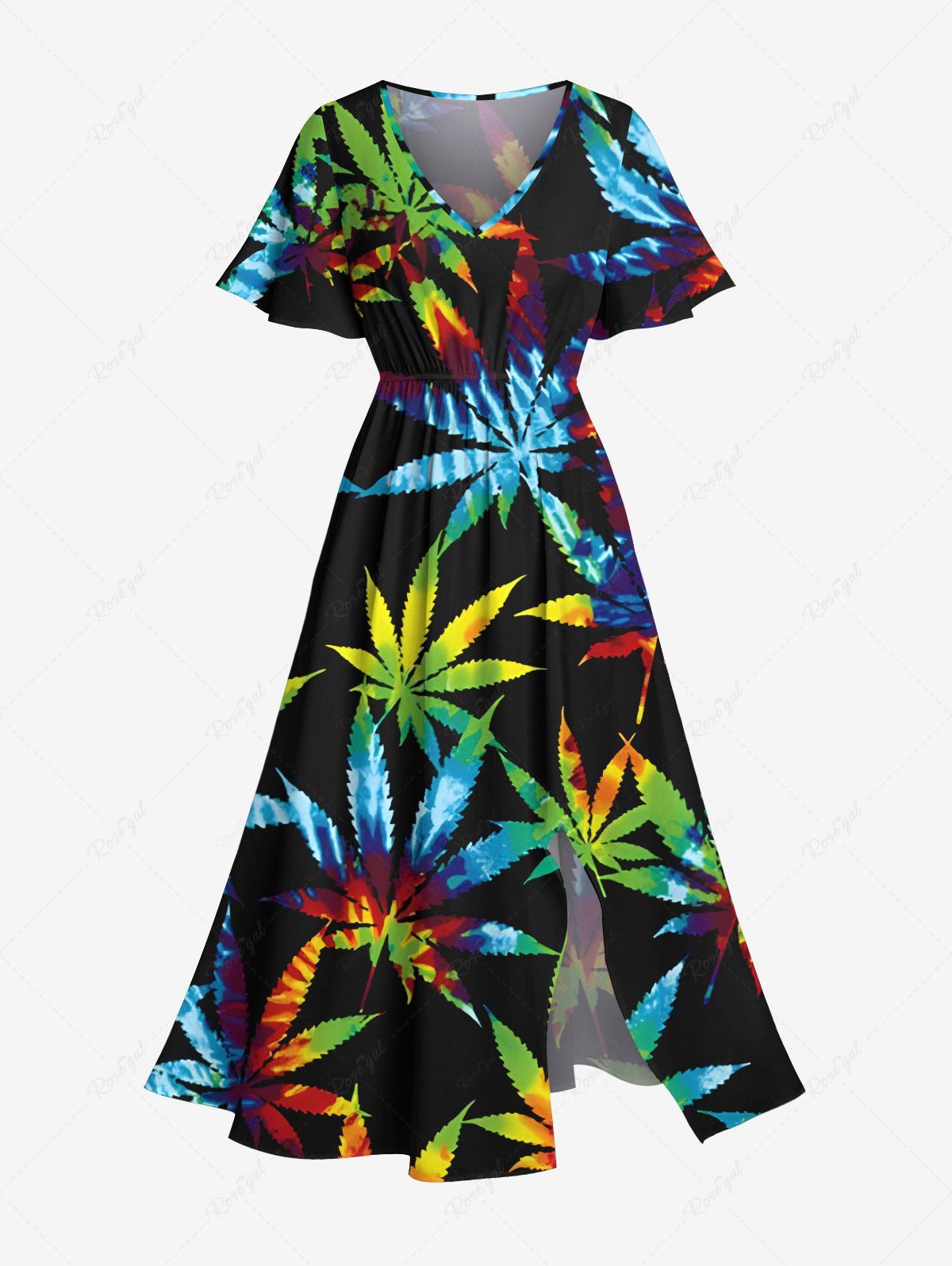 Latest Plus Size Colorful Maple Leaf Print Split Hawaii Midi Dress  