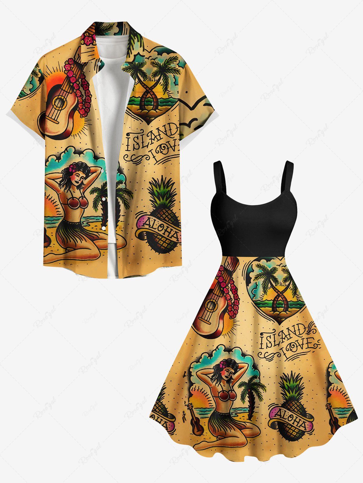Tenue de Plage Grande Taille Imprimé Cocotiers et Paysage Marin pour Couples Deep Yellow 
