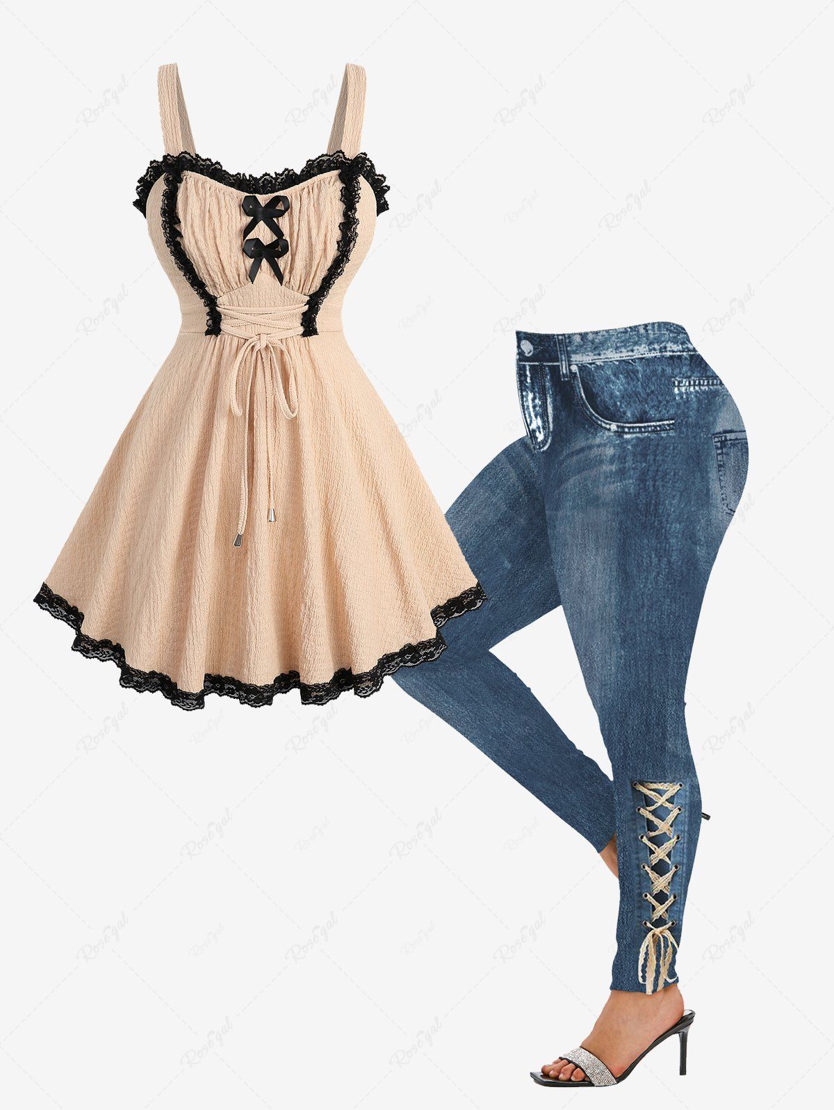 Trendy Bowknot Lace Trim Lace-up Textured Two Tone Tank Top and Skinny Leggings Plus Size Outfit  