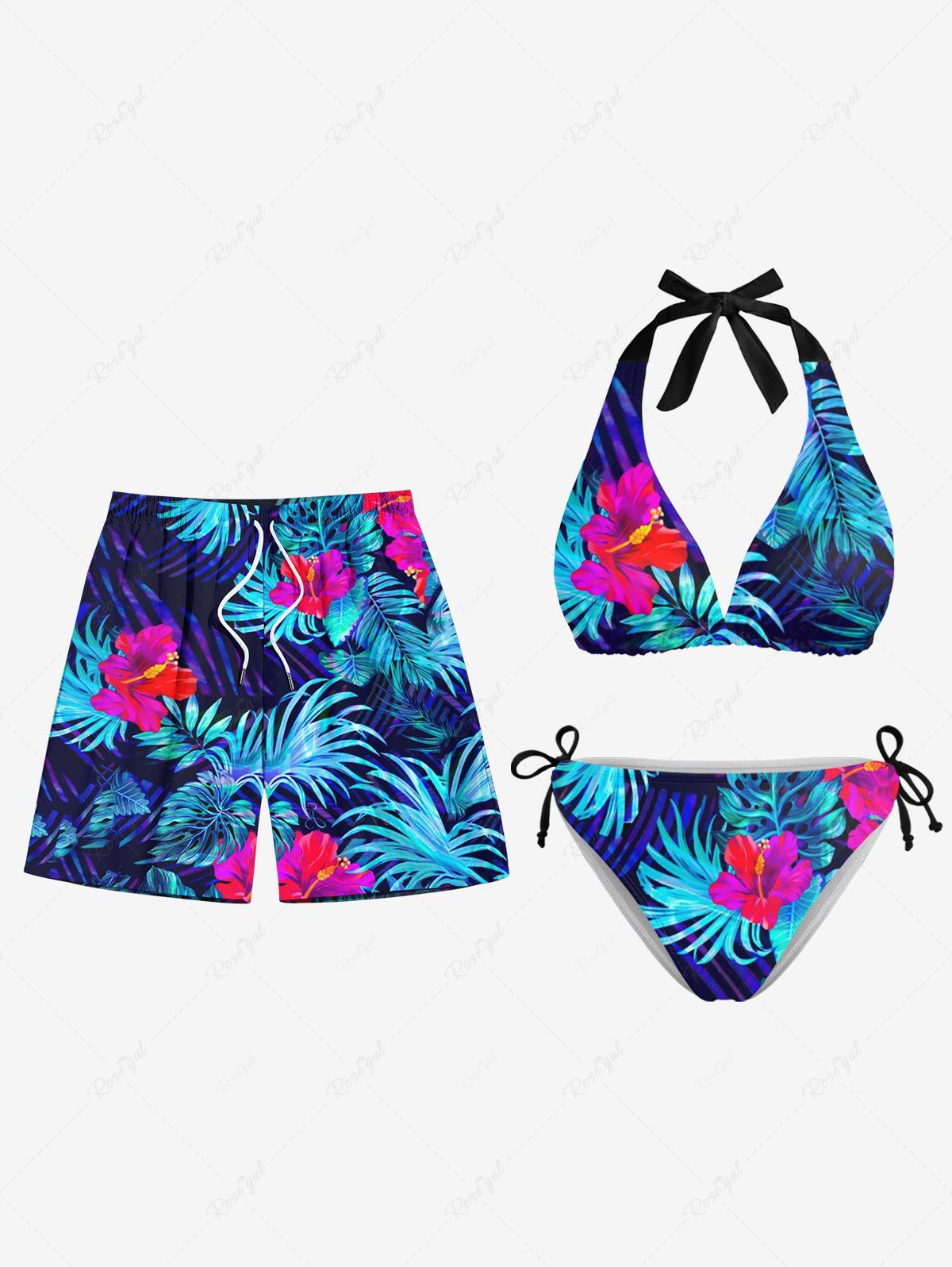 Discount Hibiscus Flower Print Women Swimsuit and Men Beach Shorts Matching Hawaii Beach Outfit For Couples  