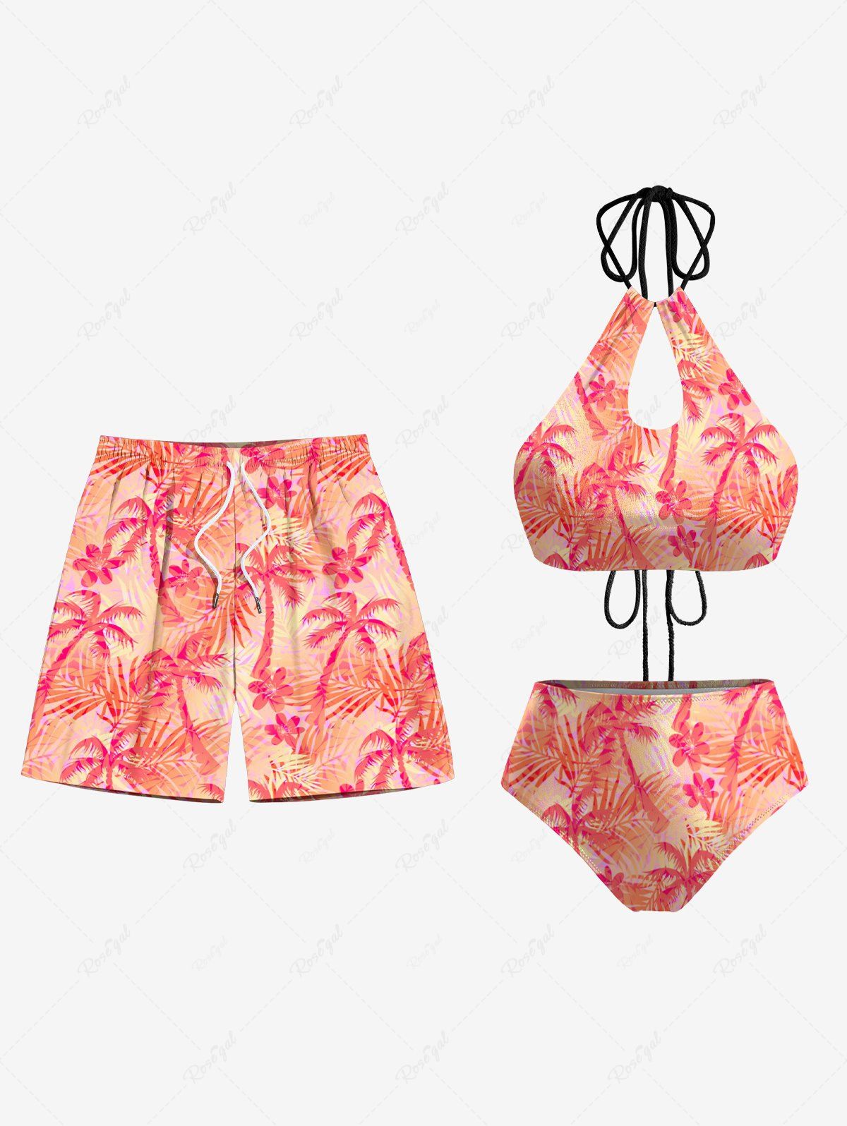Online Coconut Tree Print Women Swimsuit and Men Beach Shorts Matching Hawaii Beach Outfit For Couples  