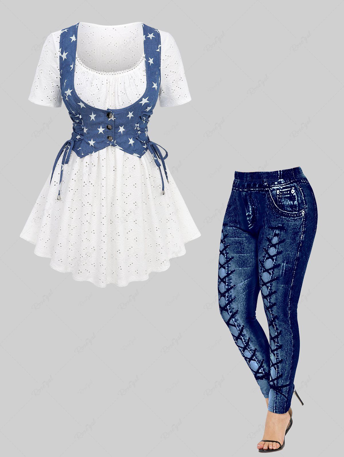 Shop Star Print Lace-up Buttons Lace Trim Hollow Out 2 In 1 Top and 3D Print Leggings Plus Size Outfit  