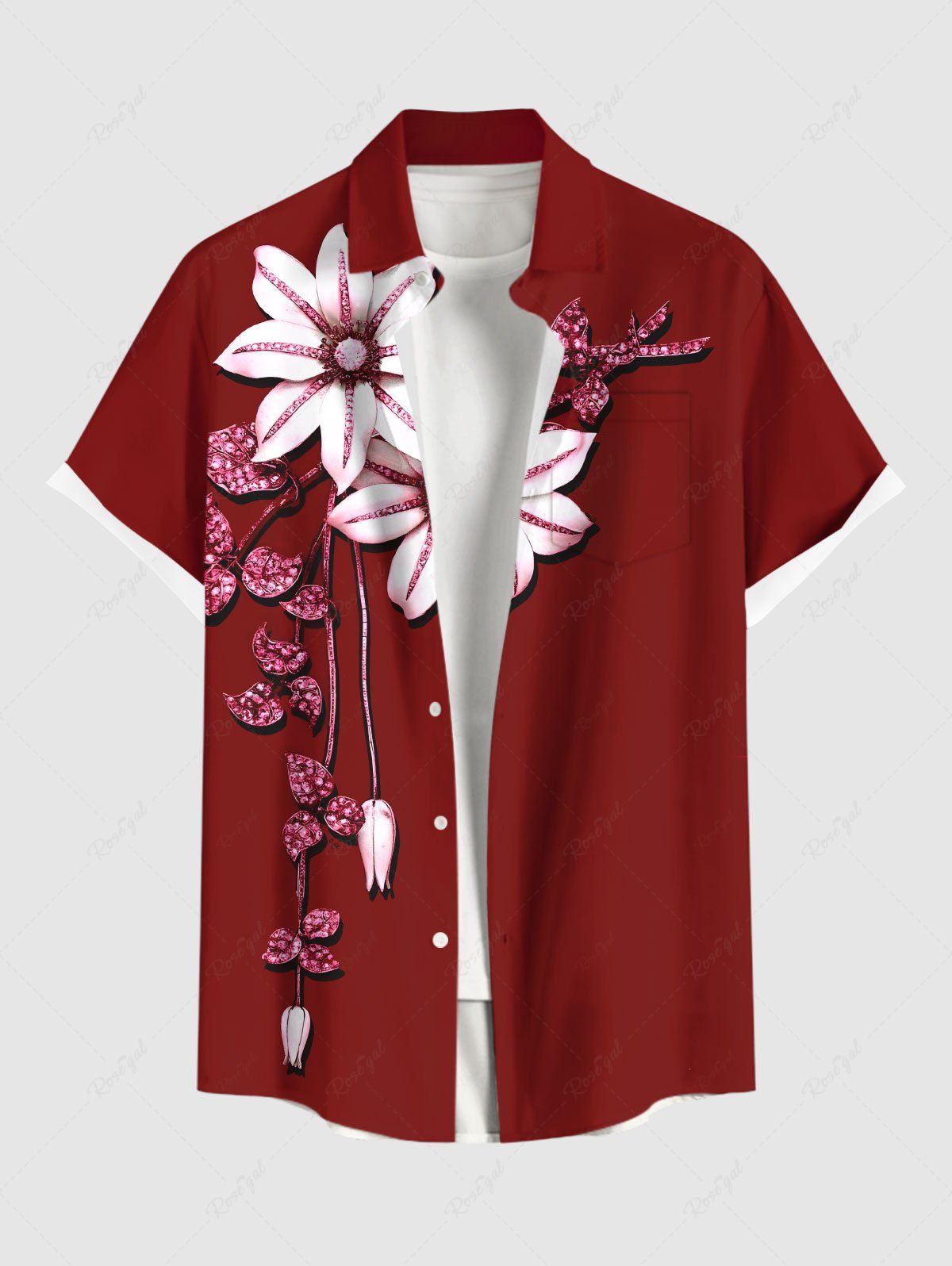 Shops Plus Size Glitter Sequins Floral Leaf Print Hawaii Button Pocket Shirt For Men  