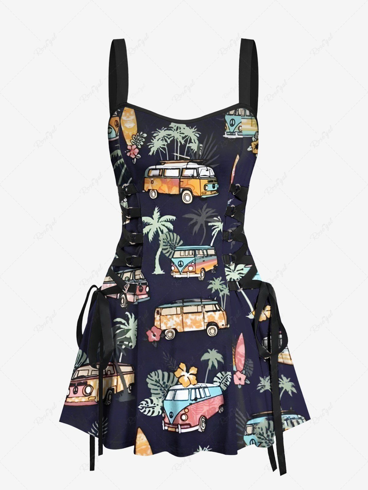 Fashion Coconut Tree Tropical Leaf Floral Bus Print Hawaii Lace Up A Line Tank Dress  