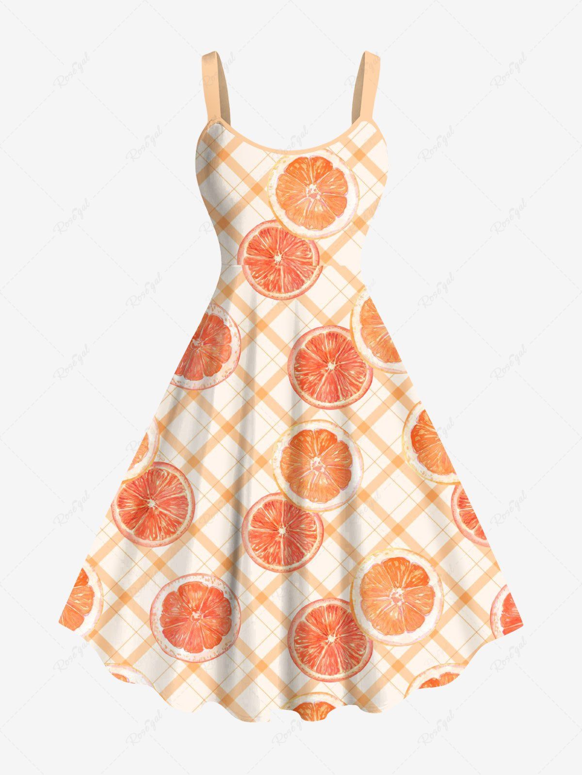 Outfit Plus Size Grapefruit Geometric Plaid Print Hawaii A Line Tank Dress  