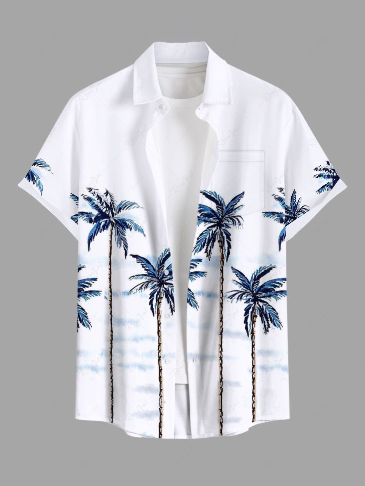 Chic Plus Size Coconut Tree Cloud Print Buttons Pocket Hawaii Shirt For Men  