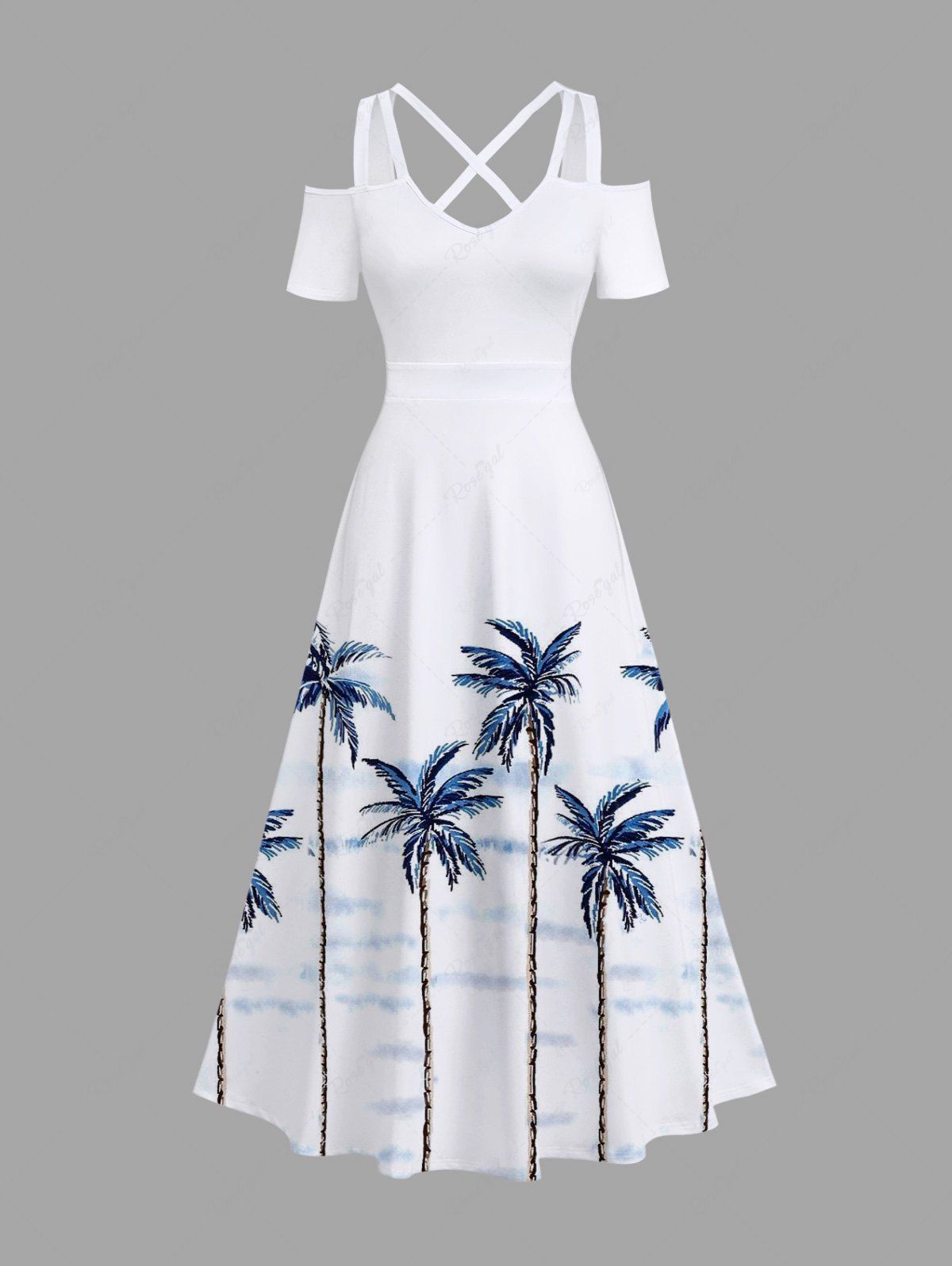 Fancy Plus Size Coconut Tree Cloud Print Cold Shoulder Crisscross Hawaii Maxi Dress  