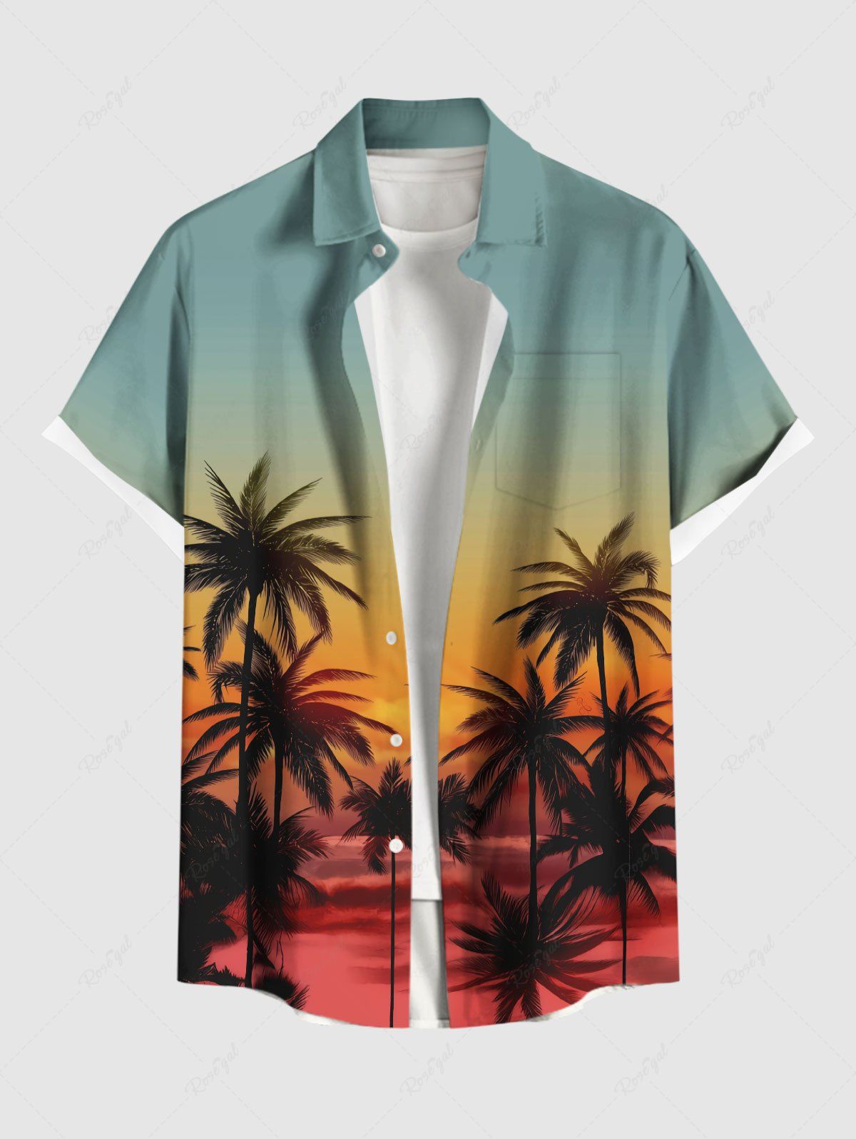 Shop Plus Size Coconut Tree Ombre Print Buttons Pocket Hawaii Shirt For Men  