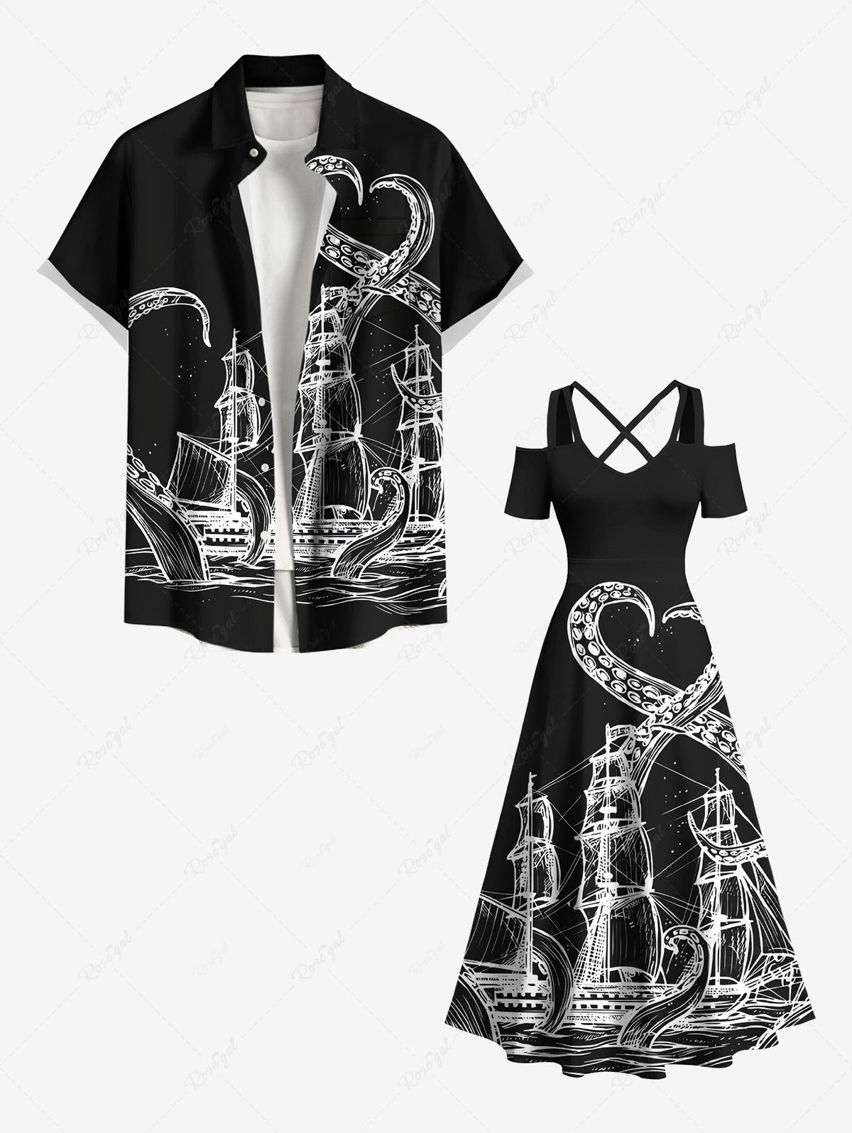 Robe Trapèze à Imprimé Voilier et Pieuvre dans la Plage Grande Taille pour Couples Noir 