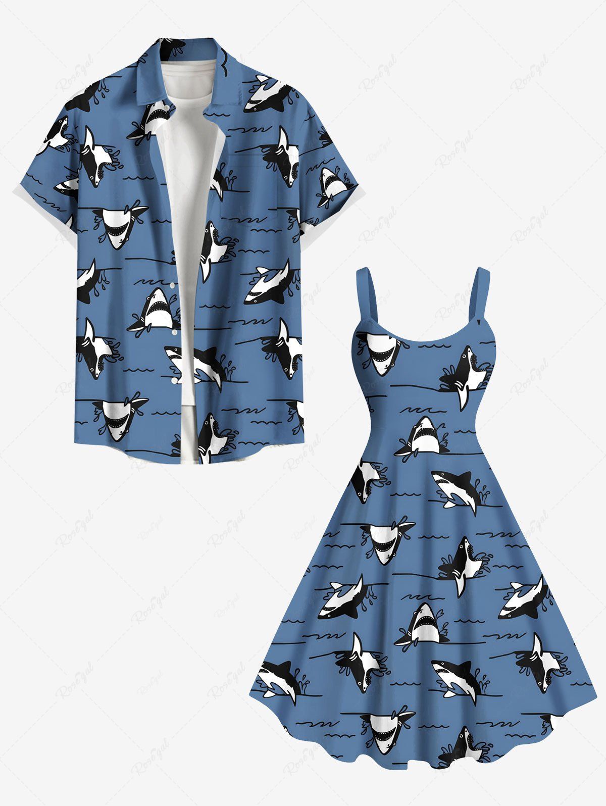 Outfits Shark Sea Waves Print Plus Size Matching Hawaii Beach Outfit For Couples  