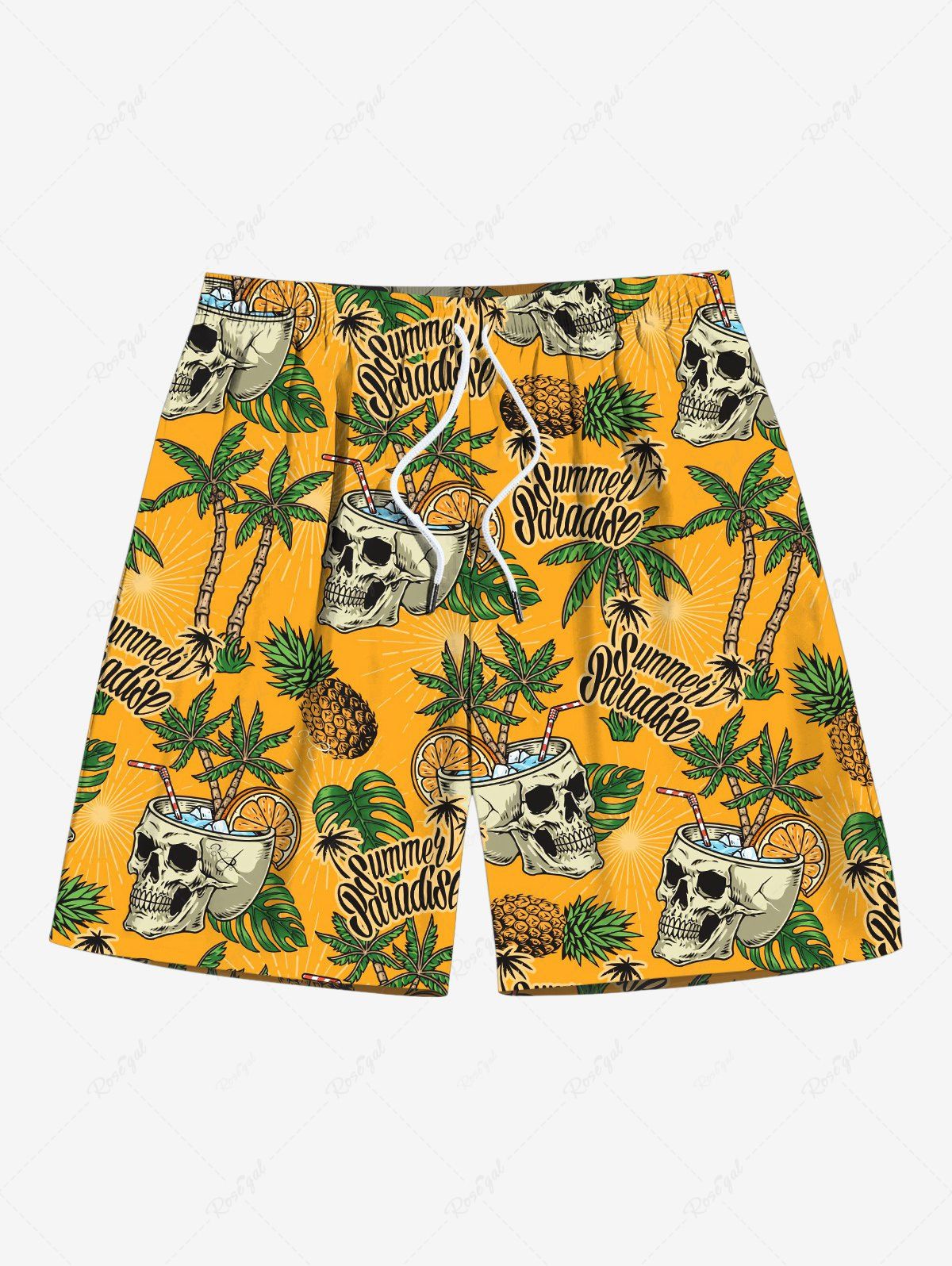 Best Plus Size Coconut Tree Skull Juice Pineapple Letters Print Hawaii Drawstring Beach Shorts For Men  