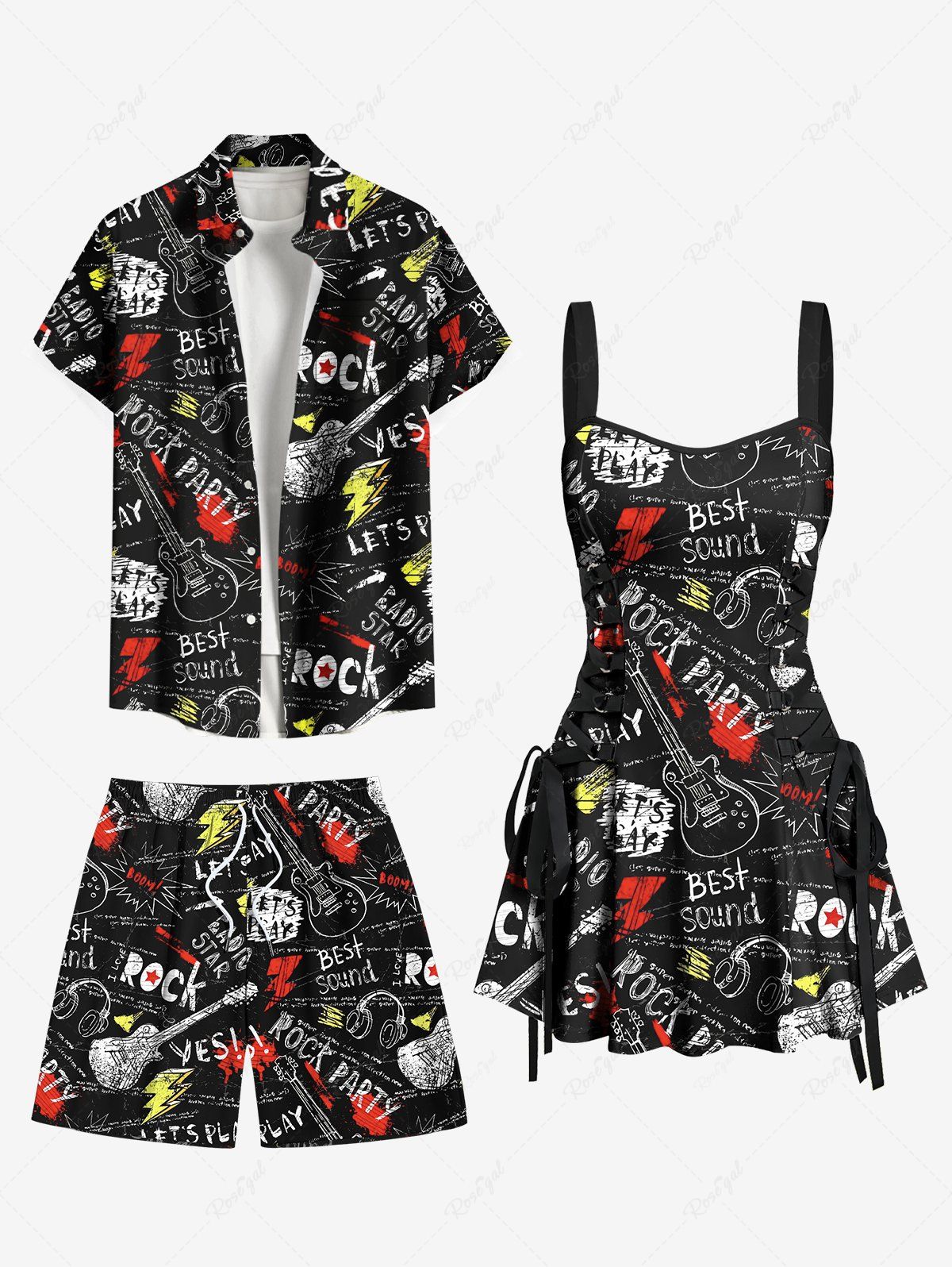 Shop Letters Guitar Lightning Earphones Print Music Roll Matching Hawaii Beach Outfit For Couples  