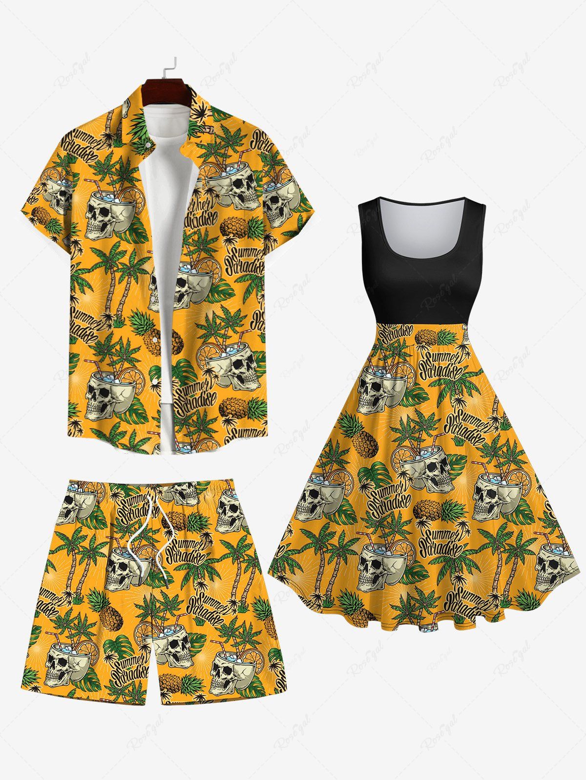 Outfit Skull Coconut Tree Pineapple Letters Print Plus Size Matching Hawaii Beach Outfit For Couples  