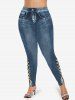 Bowknot Lace Trim Lace-up Textured Two Tone Tank Top and Skinny Leggings Plus Size Outfit -  