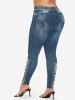 Bowknot Lace Trim Lace-up Textured Two Tone Tank Top and Skinny Leggings Plus Size Outfit -  