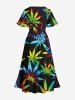 Robe Hawaïen Mi-Longue Fendue Feuille D'Erable Colorée Imprimée de Grande Taille - Noir XS